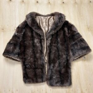 Vintage Glenoit Fur Jacket Womens Small Brown Short Sleeve Collared Lined USA